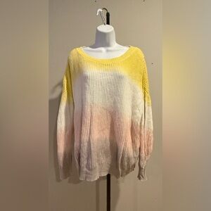 LOFT Yellow and White Crew Neck Sweater with Ribbed Texture